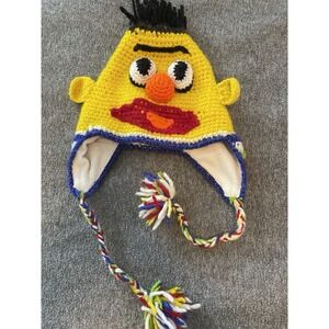 Adult Sesame Street Bert Knit Winter Hat Fleece Lined Ear Flaps Pom Tassels